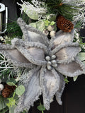 Deluxe 65cm Silver Poinsettia Christmas Wreath