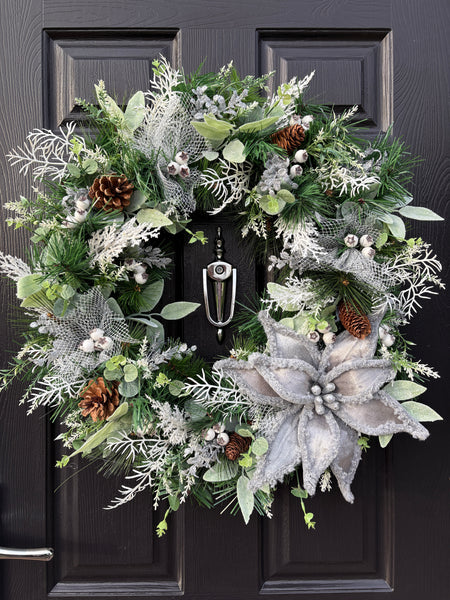 Deluxe 65cm Silver Poinsettia Christmas Wreath