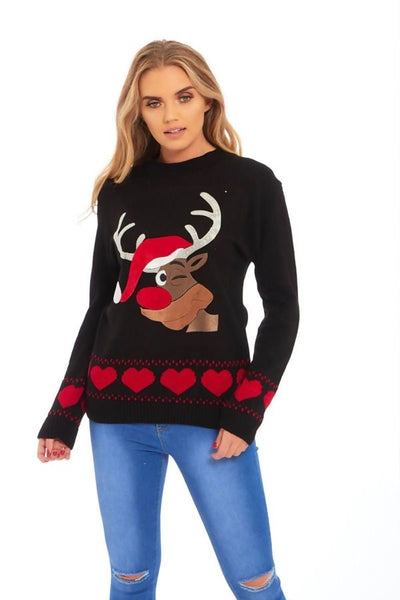 Black Suede Diamanté Reindeer Heart Christmas Jumper